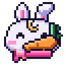 A white pixel art rabbit with pink ears and cheeks happily chewing on an orange carrot.
