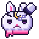 A small white pixel art bunny with a grumpy expression and a crescent moon on its forehead.