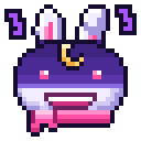 A purple and white pixel art rabbit with a crescent moon on its forehead and a wide, chaotic grin.