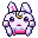 A white pixelated rabbit with a gold crescent moon on its head shrugging with a neutral expression.