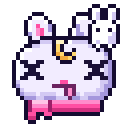 A white pixelated bunny with X eyes and a tongue sticking out, featuring a small gold crescent moon on its head.