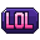 LOL text in pink pixel font on a purple rounded rectangular button.