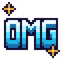 OMG text in blue pixel font surrounded by two gold sparkling stars.