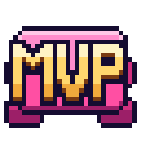 A pixel art badge displaying the letters MVP in gold with a pink border.