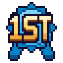 A pixelated gold medal badge with the text 1ST in the center against a blue star shape.