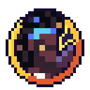 A hooded figure in a circular pixel art frame surrounded by a glowing yellow and orange aura.
