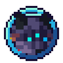 A circular pixel art orb with a dark interior and glowing cyan accents.