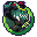 A green goblin character with sharp teeth and a mischievous grin in a pixel art style.