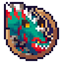 A pixelated green dragon with red markings and sharp teeth looking aggressive.