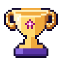 A golden trophy with a pink star emblem and a purple base in a pixel art style.