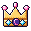 A golden pixel art crown with pink spheres on top, blue gems on the sides, and a purple crescent moon in the center.