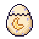 A white speckled egg featuring a golden crescent moon symbol in pixel art style.