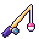 A pixel art fishing rod with a purple handle and a pink and white bobber hanging from the line.