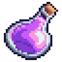 A small pixel art glass bottle filled with a glowing purple liquid and sealed with a cork.