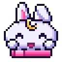 A small white pixel bunny with a gold crescent moon on its forehead dancing happily.