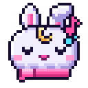 A small white rabbit with a crescent moon on its forehead sways back and forth with musical notes floating around its head.