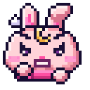 A small pink pixelated rabbit with a golden crescent moon on its forehead looking extremely angry.