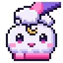 A small white creature with a crescent moon symbol on its forehead happily receiving rhythmic head pats from a hand.