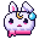A small white bunny with a yellow crescent moon on its forehead and a pink scarf, displaying a stressed expression with a bl…