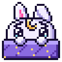 A white rabbit with a crescent moon on its forehead peeking over a purple starry blanket.