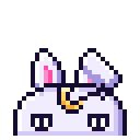 A white rabbit with pink ears and a gold crescent moon on its forehead peeks over an edge with a mischievous expression.