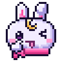 A small pixelated white bunny with a gold moon on its forehead winks and sticks its tongue out before shifting to a deadpan …