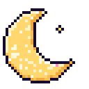 Crescent moon in pixel art style with varying sparkles and highlights.