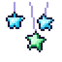 Dangling stars in shades of blue and green hang from thin vertical lines in a pixel art style.