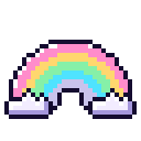 A small pixel art rainbow with pastel colors resting on two fluffy white clouds.