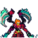 A pixel art warrior in red armor swings two glowing teal energy blades in a rapid combat motion.