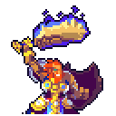A bearded warrior in golden armor raises a large, glowing blue sword high above his head.