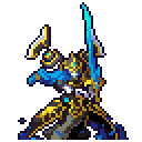 A golden armored knight stands in a combat stance while crackling blue magical energy surges around their sword and body.