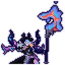 A dark-clad wizard character holds a staff that pulses with blue and purple magical flames.