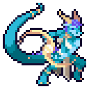 A blue dragon-like creature with gold accents performs a rhythmic, magical dance move in pixel art style.