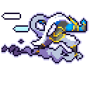 A pixel art warrior character with a long white scarf zooming forward on a purple cloud.