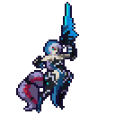 A warrior girl with blue hair performing a combat animation with a glowing blue sword.