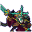A dark-armored warrior swings a glowing green sword in a quick, magical combat animation.