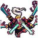 A warrior character performs a rapid combat sequence with glowing blue energy blades and pink magical effects.