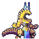 A golden mechanical dragon with blue accents wiggles its tail in a repeating pixel animation.