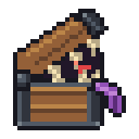 A pixel art treasure chest with sharp teeth and a purple tongue snaps open and spits out gold coins.