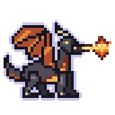 A small pixelated dragon breathing a stream of orange fire.