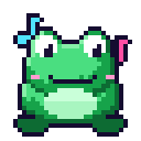 A small green pixel art frog with musical notes floating around its head.