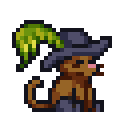 A small brown cat wearing a feathered hat tips its cap while a small yellow sparkle appears above it.