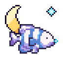 A small pixelated fish with a yellow crescent moon tail swims while releasing bubbles and sparkles.