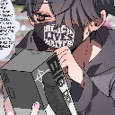 An anime character wearing a face mask holds and reads a box with bold text.