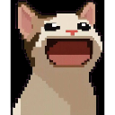 Cat with brown and white fur opening its mouth wide in a pixelated meme style.