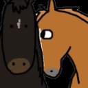 Two horses looking at each other with wide, suspicious eyes in a flat, cartoon style.