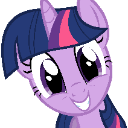 A purple pony with a dark blue mane and pink streak smiles widely while peeking into the frame.