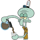 Squidward Tentacles pours coffee into a cup with a tired, unimpressed expression on his face.