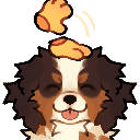 A brown and white puppy with closed eyes enjoying a hand patting its head.